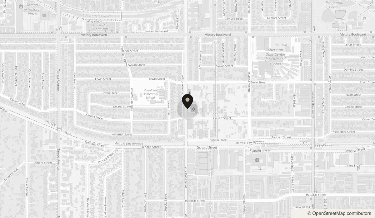 Street map of Tarzana with a pin on Wilbur Avenue between Victory Boulevard and Oxnard Street